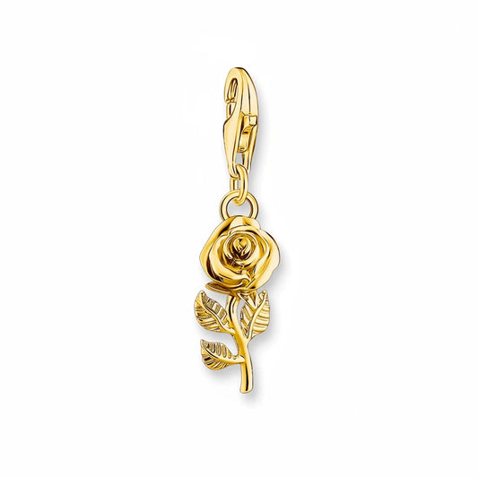 Pendentif charm rose dorée argent 925 élégant, détail précis des pétales et feuilles, bijou romantique unisexe.